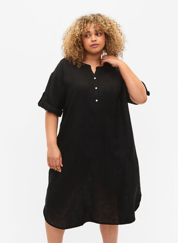 Linen Kleid mit kurzen Ärmeln, Black, Model image number 0