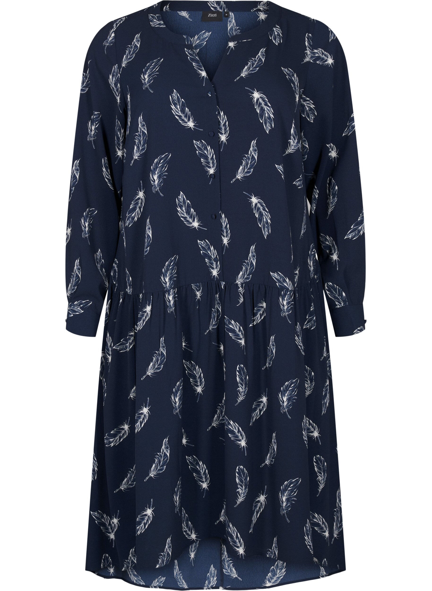 ZizziMidi-Kleid mit langen &Auml;rmeln, Navy B. Feather AOP, Packshot image number 0