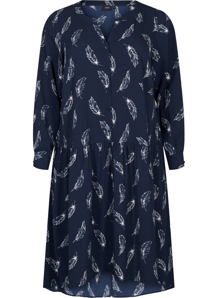 Midi-Kleid mit langen Ärmeln, Navy B. Feather AOP, Packshot image number 0