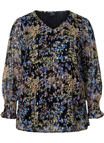 Geblümte Bluse mit langen Ärmeln und V-Ausschnitt, Black/Vibrant Flower, Packshot image number 0