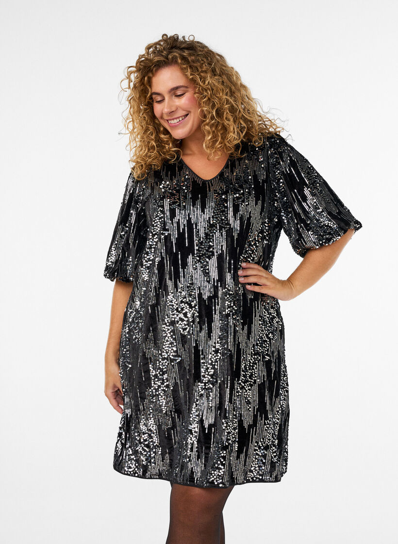 Kurzes Kleid mit Pailletten und Ballon&auml;rmeln, Schwarz, Model image number 2