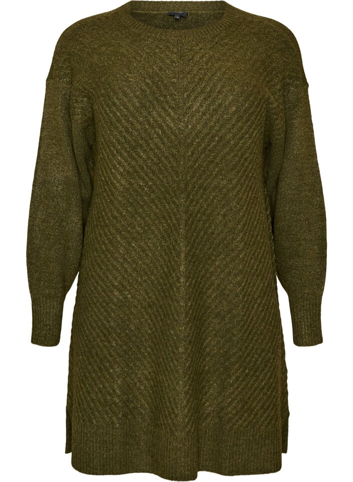 Kurzes Strickkleid mit V-f&ouml;rmigem Strukturmuster, Gr&uuml;n, Packshot image number 0