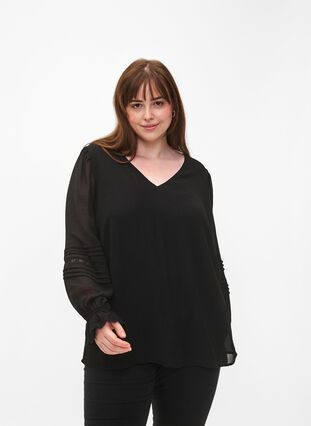 Bluse mit V-Ausschnitt und Rüschenärmeln, Black, Model image number 0