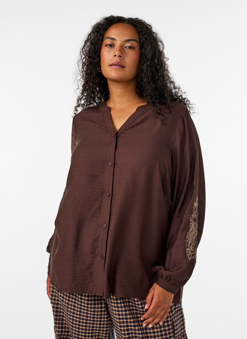 Bluse aus Viskose mit bestickten &Auml;rmeln, Braun, Model image number 0