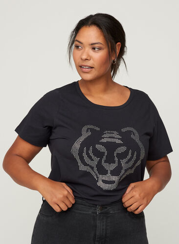 Baumwoll T-Shirt mit Nieten, Black , Model image number 0