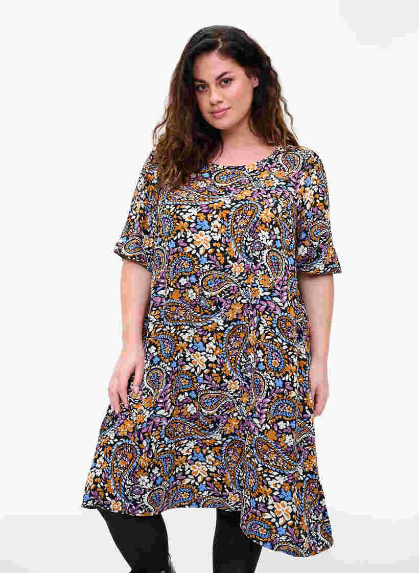 Kurzärmeliges Kleid aus Viskose mit Paisley-Print, Black G. Sky Paisley, Model
