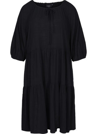Baumwoll-Kleid mit 3/4 Ärmeln und Binde-Detail, Black, Packshot image number 0