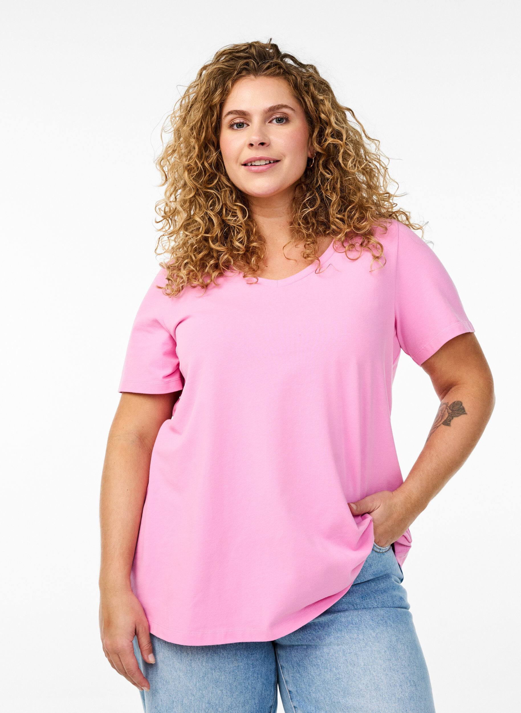 ZizziEinfarbiges basic T-Shirt aus Baumwolle, Pink, Model image number 0