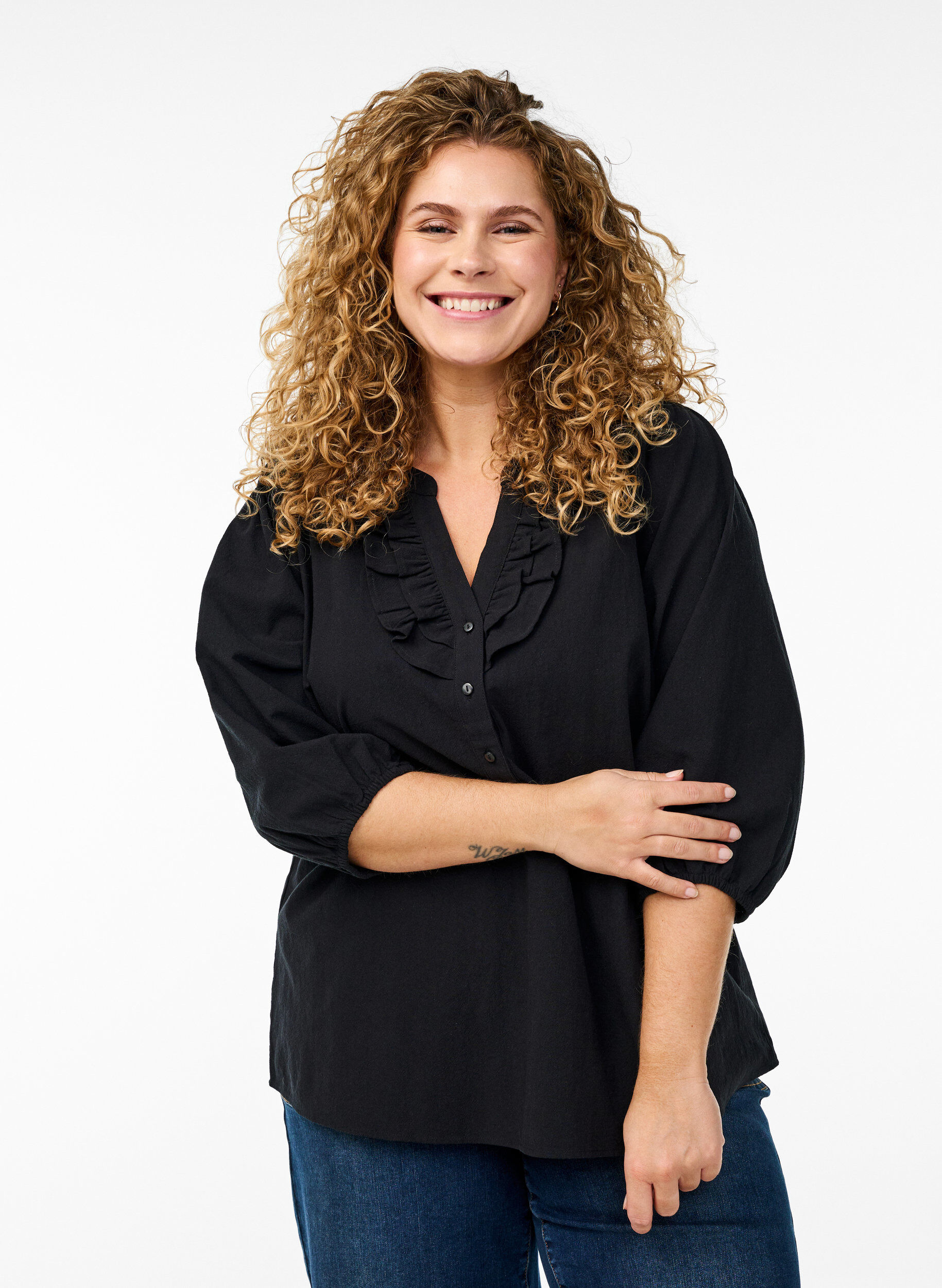 Baumwollbluse mit 3/4-&Auml;rmeln, Schwarz, Model