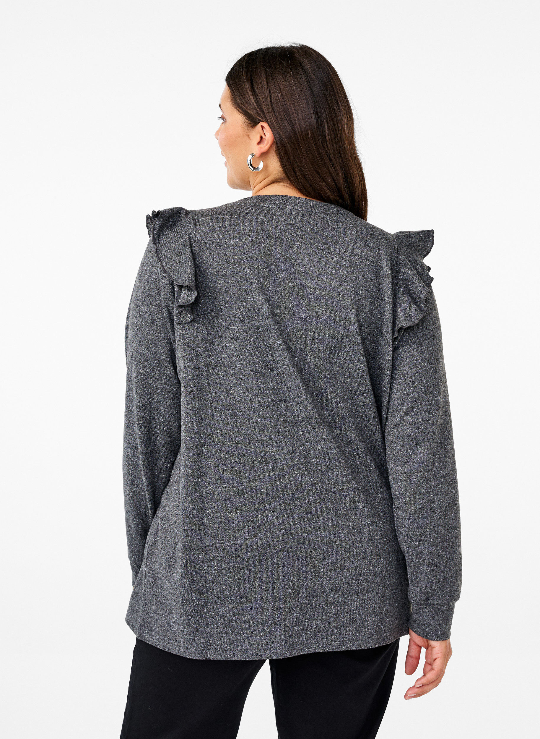 Zizzi Lang&auml;rmelige Bluse mit R&uuml;schendetails, Dark Grey Melange, Model image number 1