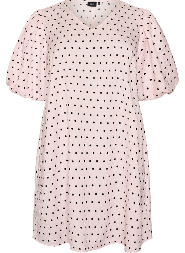 A-Linien-Kleid mit Polka Dots und Ballon&auml;rmeln, Pink, Packshot image number 0