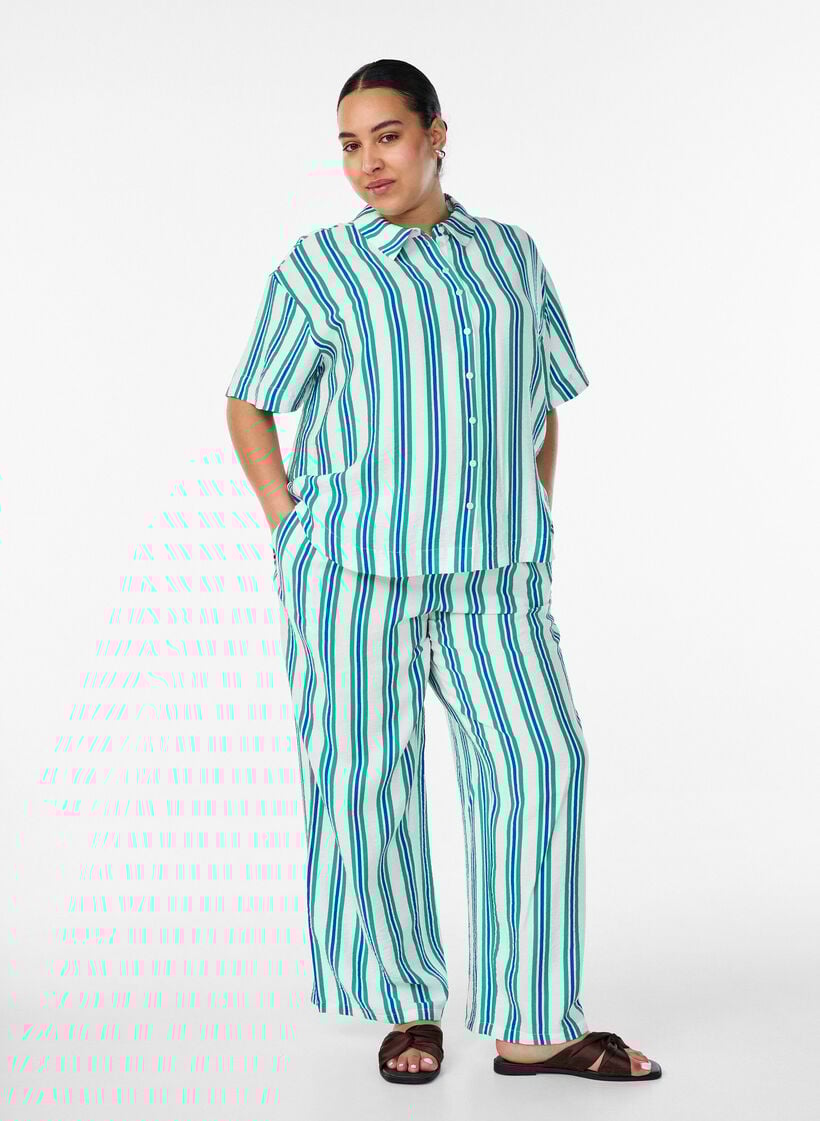 Gestreifte Bluse aus Viskose mit kurzen &Auml;rmeln, Vanille, Model image number 1