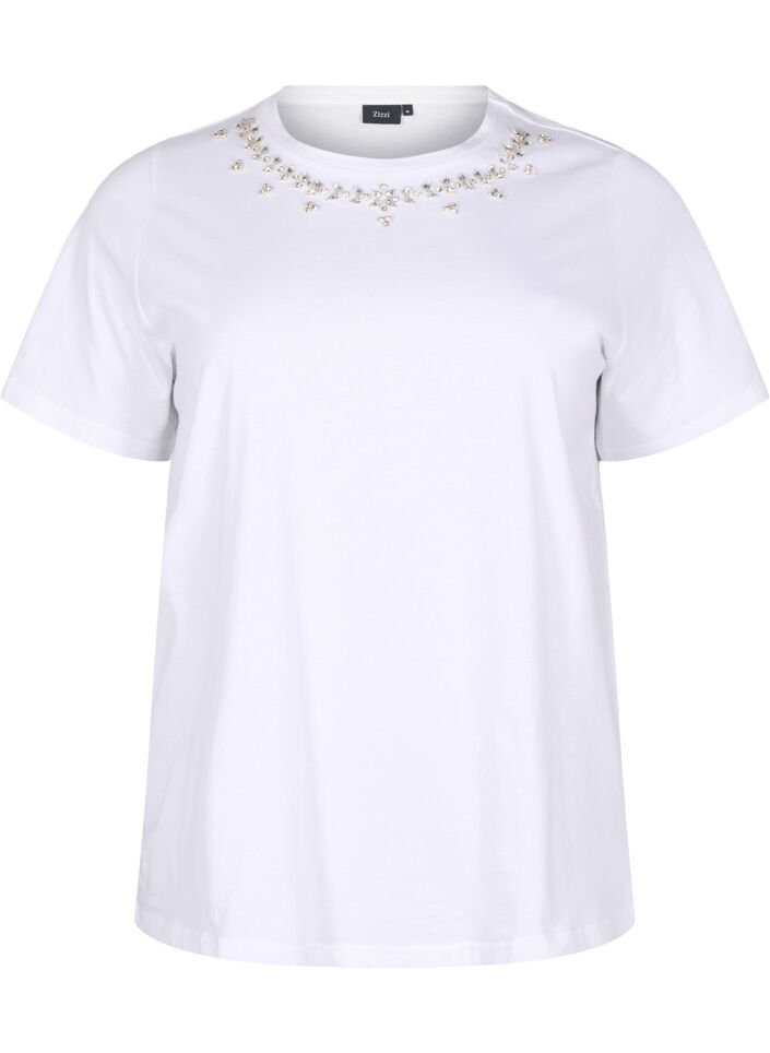 T-Shirt mit Rundhalsausschnitt und Strasssteinen, Bright White, Packshot image number 0