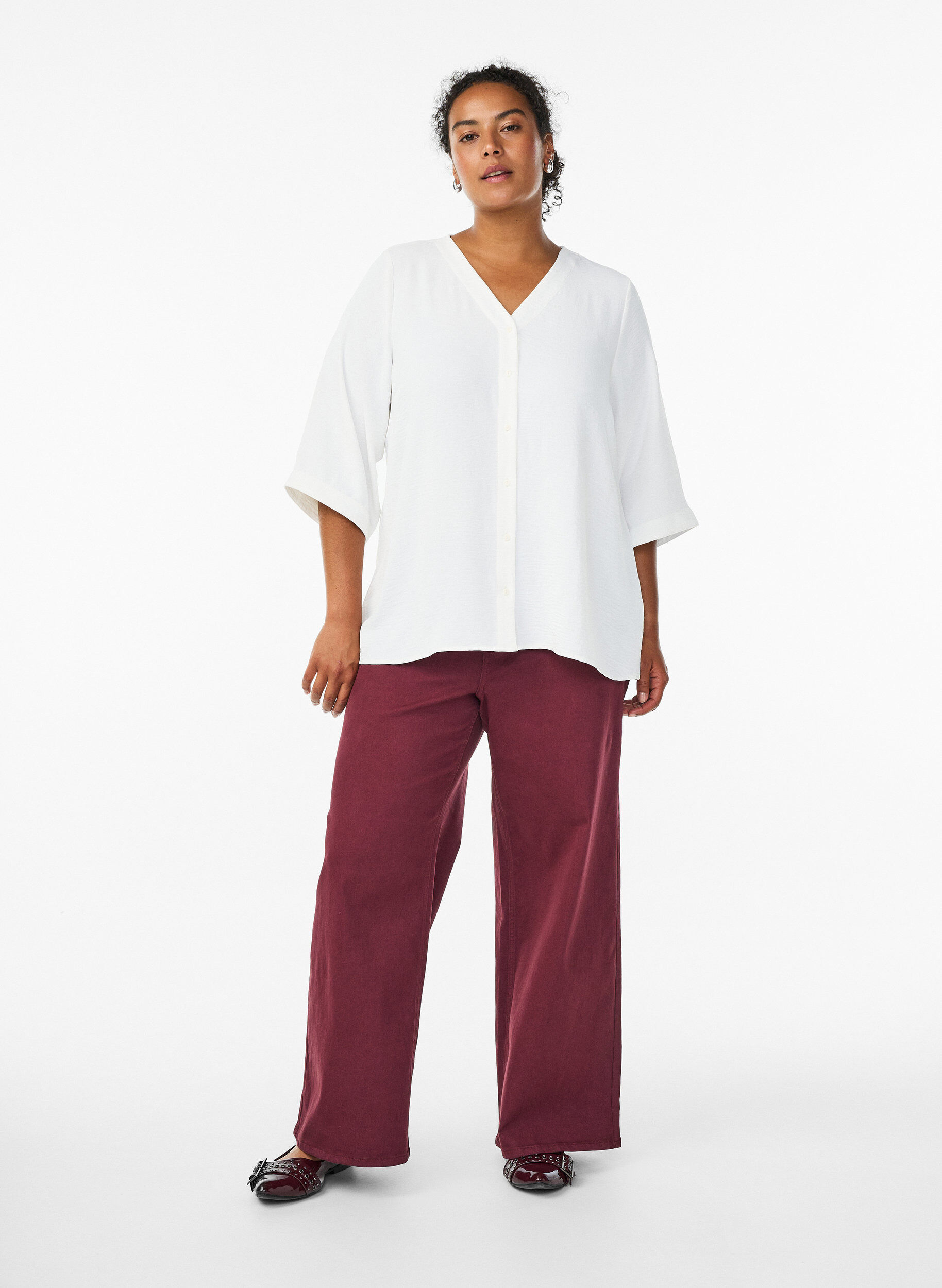 ZizziFLASH &ndash; Bluse mit V-Ausschnitt und 3/4-&Auml;rmeln, Vanille, Model image number 1