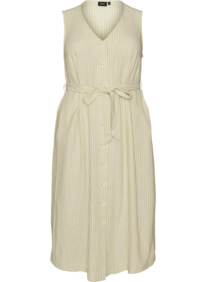 &Auml;rmelloses gestreiftes Midikleid aus Leinen und Viskose, Gr&uuml;n, Packshot image number 0
