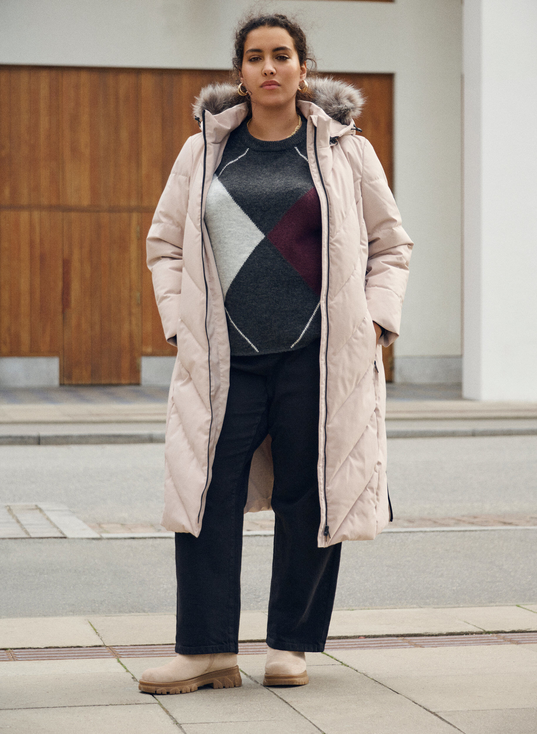 ZizziPullover mit gro&szlig;en Karos und Kontrast&auml;rmeln, Grau, Image image number 0