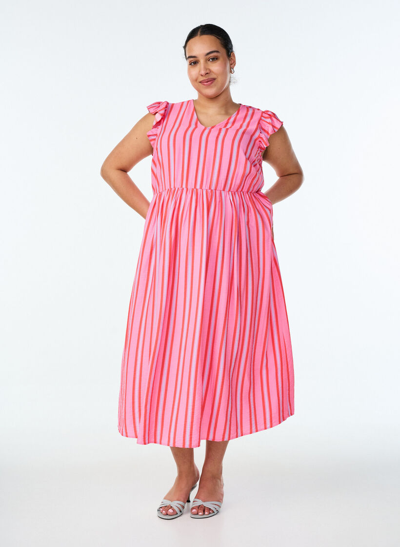 Gestreiftes Midikleid mit Empire-Schnitt und R&uuml;schen, Pink, Model image number 0