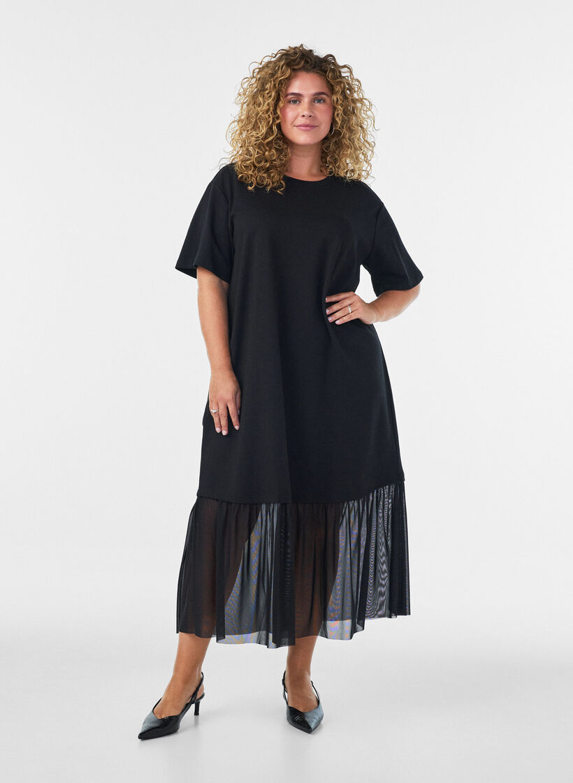 T-Shirt-Kleid mit transparentem Mesh-Saum, Schwarz, Model image number 0
