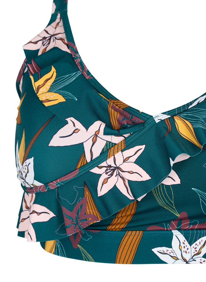 Bikini-Top mit R&uuml;schendetails und Blumenprint, Gr&uuml;n, Packshot image number 2