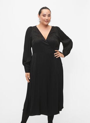 Langärmeliges Kleid aus Viskose mit Ton-in-Ton-Druck, Black, Model image number 0