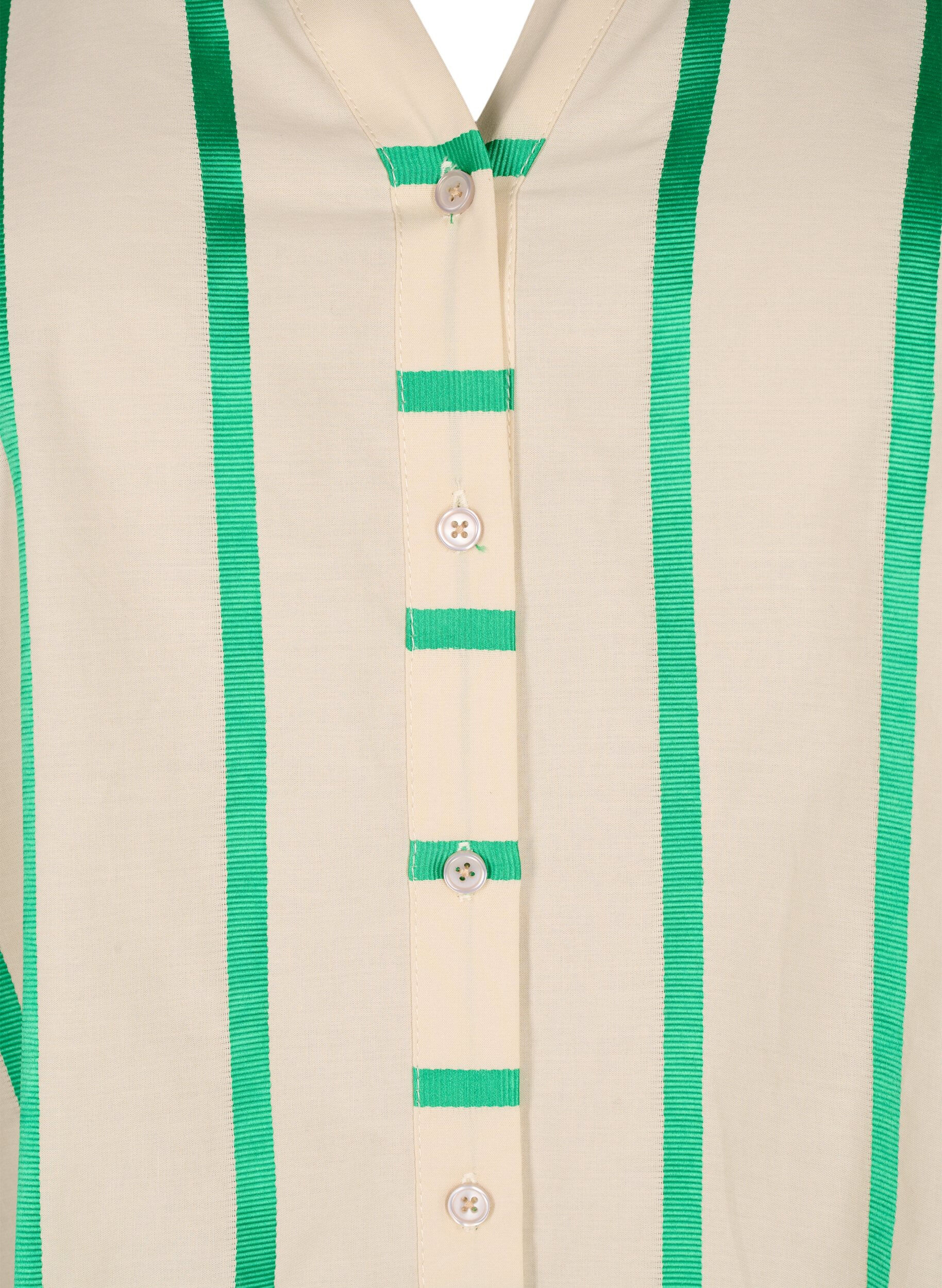 ZizziGestreifte Hemdbluse aus Baumwolle mit R&uuml;schenkragen, Beige Green Stripe, Packshot image number 2