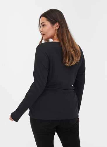 Langarm Bluse aus Ripp mit Knopfdetails, Black, Model image number 1