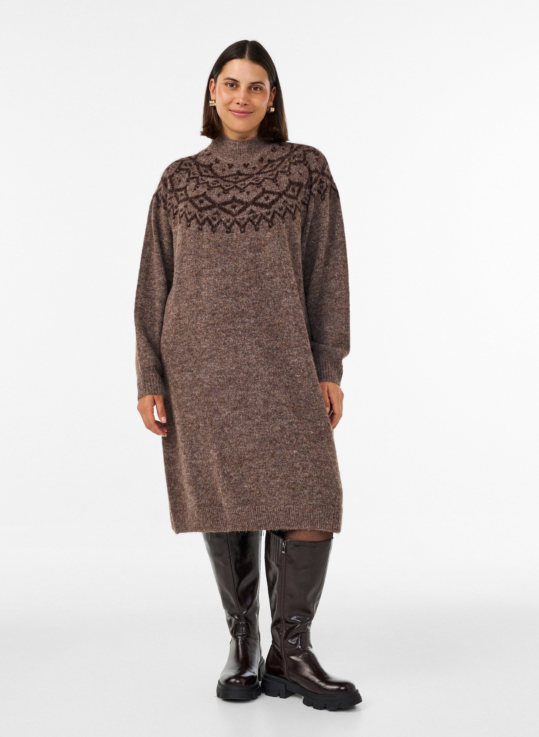Kleid aus Strick mit Jacquard-Muster, Braun, Model