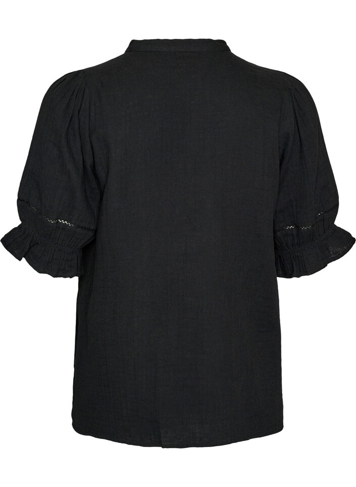 Kurz&auml;rmelige Bluse aus Baumwoll-Musselin mit H&auml;kelbesatz, Schwarz, Packshot image number 1