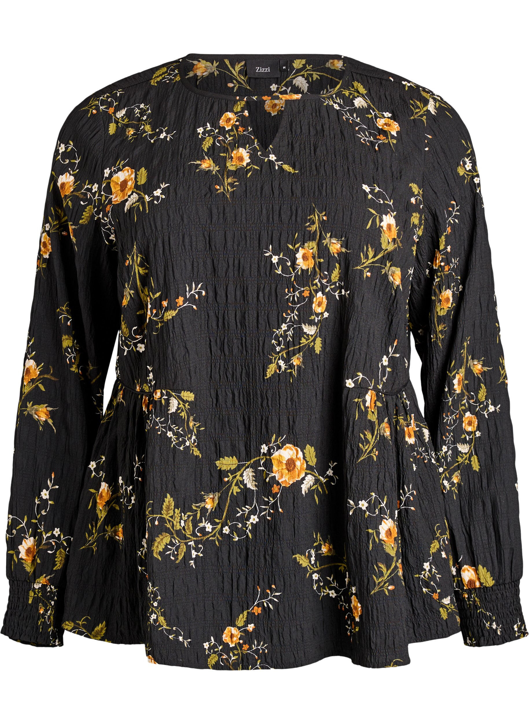 ZizziLang&auml;rmelige Bluse mit gebl&uuml;mtem Muster, Schwarz, Packshot image number 0
