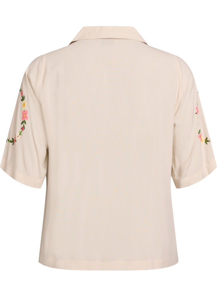 Pyjamaoberteil aus Viskose mit Bindeband und Blumenmuster, Beige, Packshot image number 1