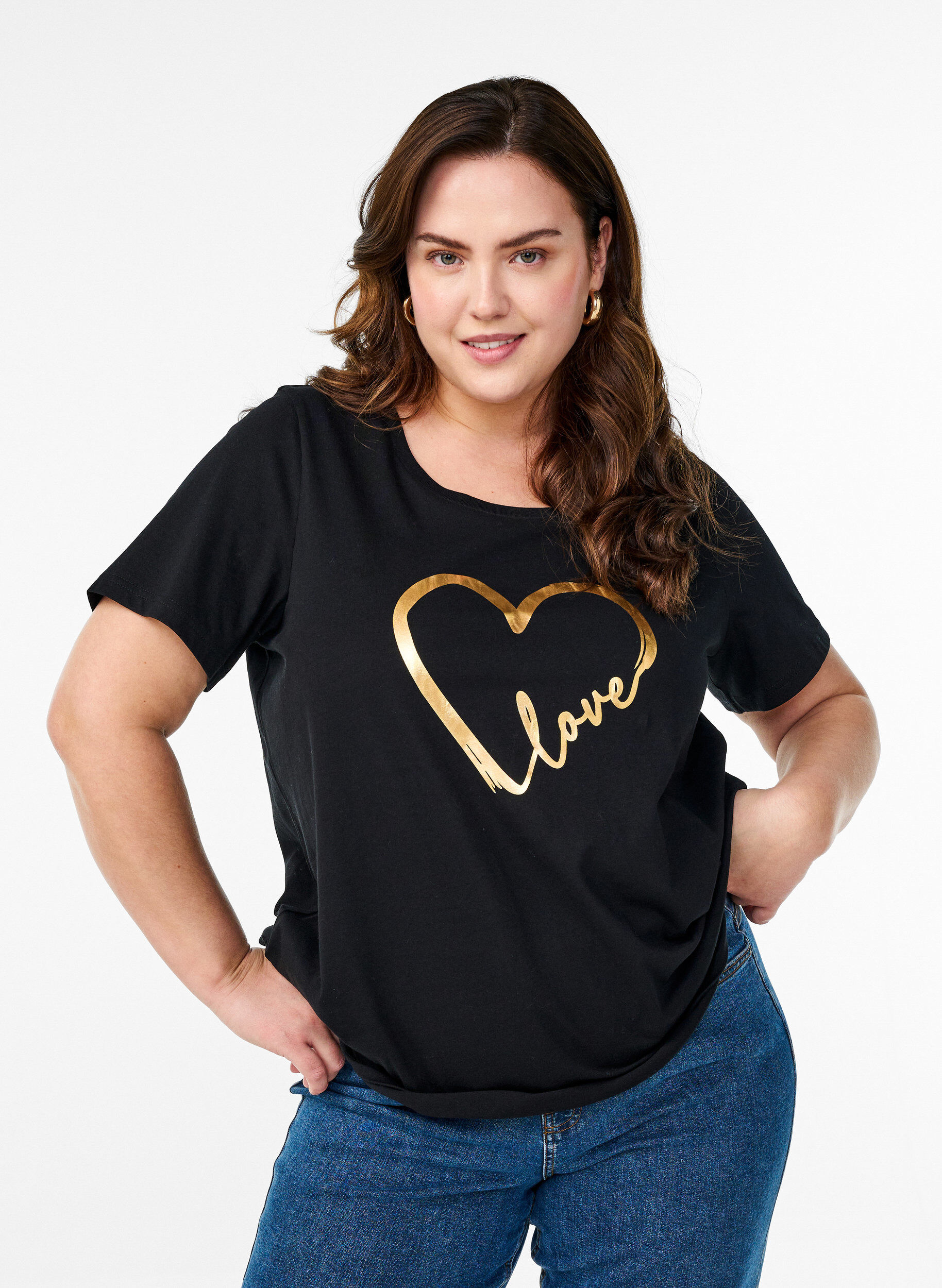 ZizziBaumwoll-T-Shirt mit Motiv, Black w. Gold Love, Model image number 0