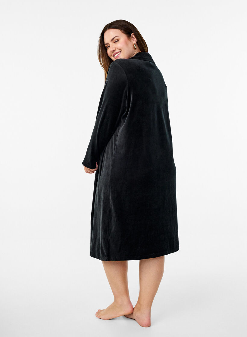 Velours Morgenmantel mit Reißverschluss und Taschen, Schwarz, Model image number 1