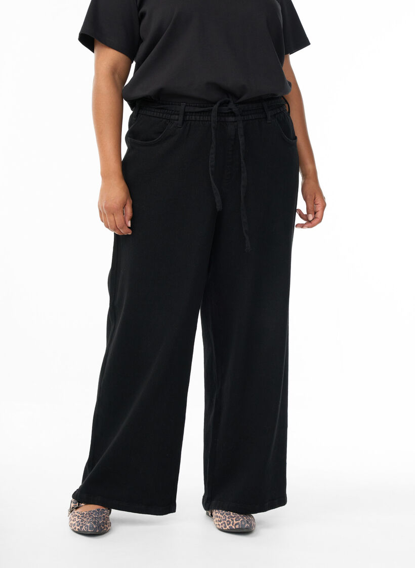 Jeans mit lockerer Passform, elastischem Bund und Tunnelzug, Schwarz, Model image number 2