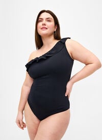 Ein-Schulter-Badeanzug mit Ruffle, Black, Model