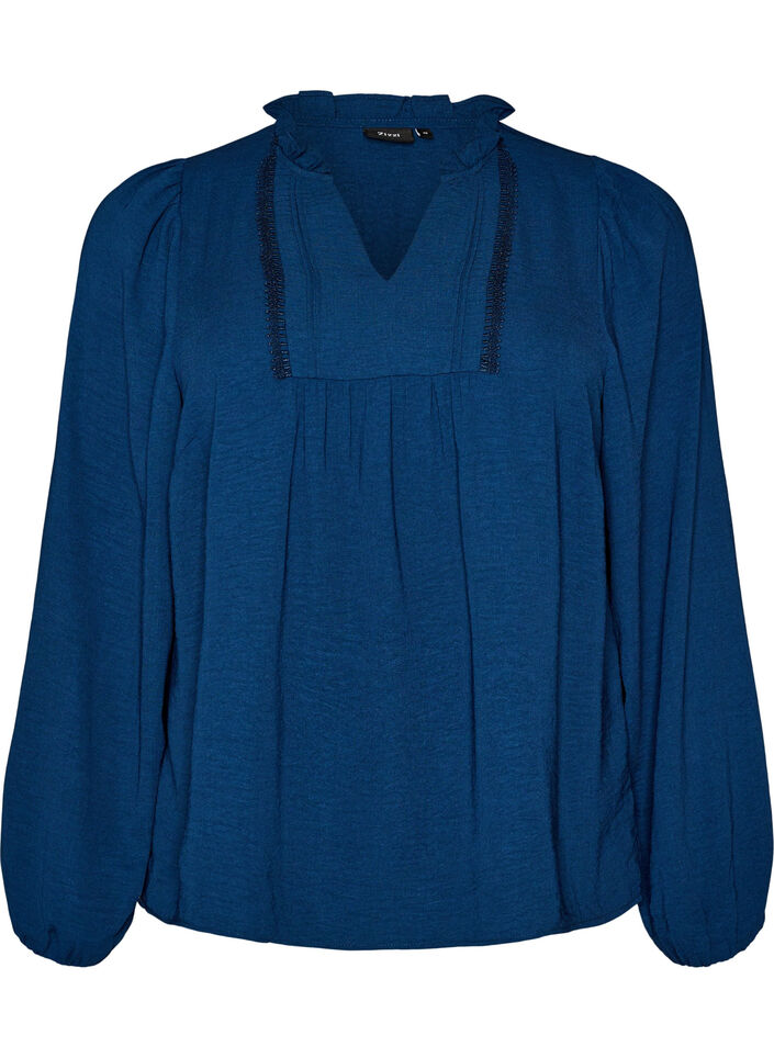 Bluse mit V-Ausschnitt und H&auml;kelband, Blau, Packshot image number 0