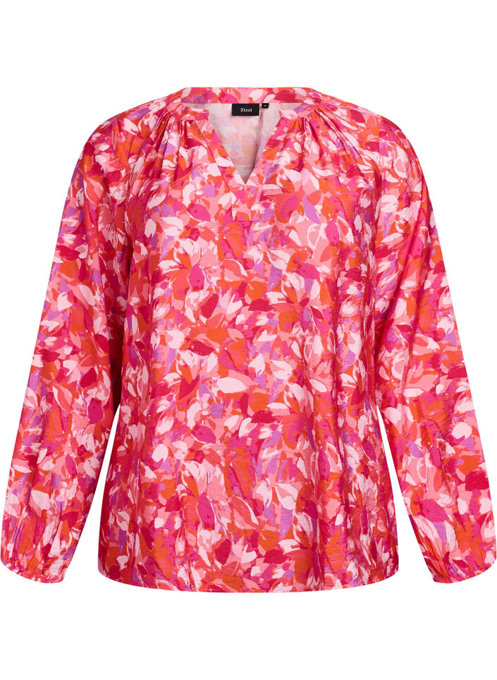 Bluse mit V-Ausschnitt und grafischem Blattmuster, Pink, Packshot image number 0