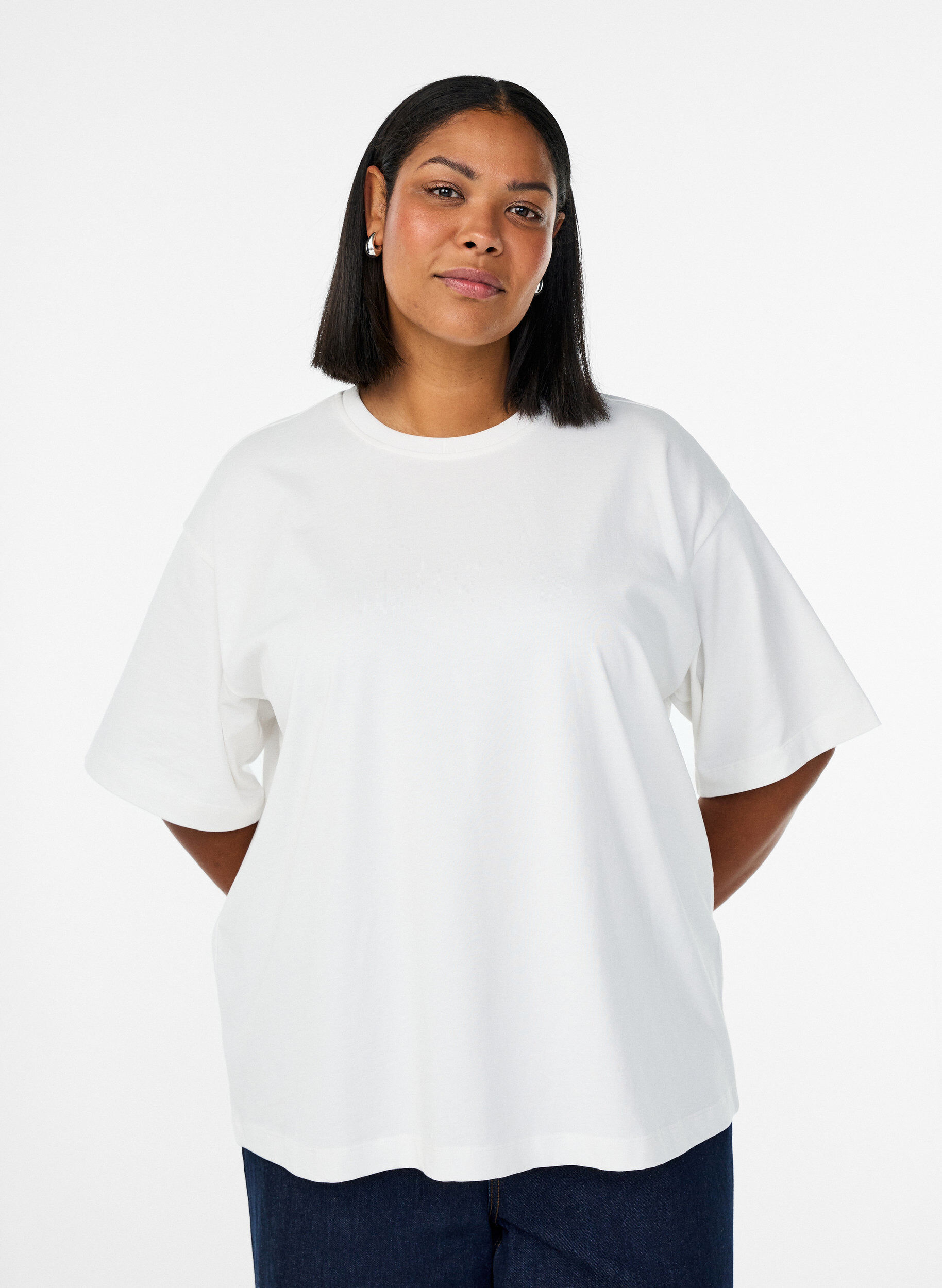 Oversize-T-Shirt mit halben &Auml;rmeln, Wei&szlig;, Model