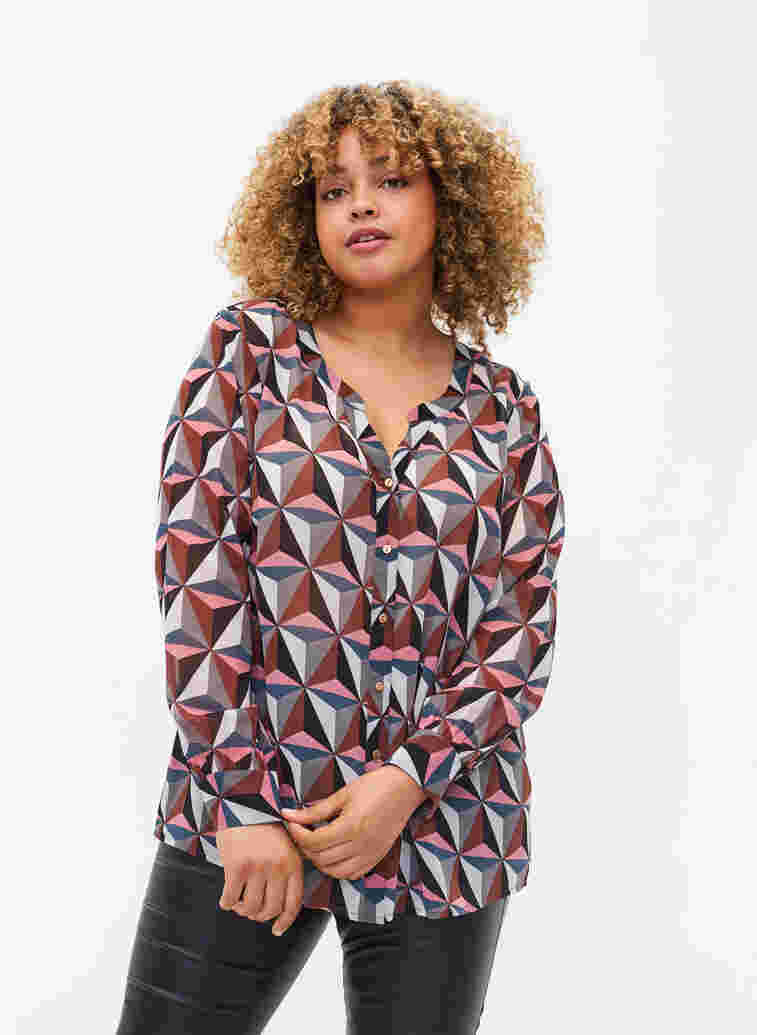 Hemdbluse mit V-Ausschnitt und Print, Graphic Pink, Model image number 0