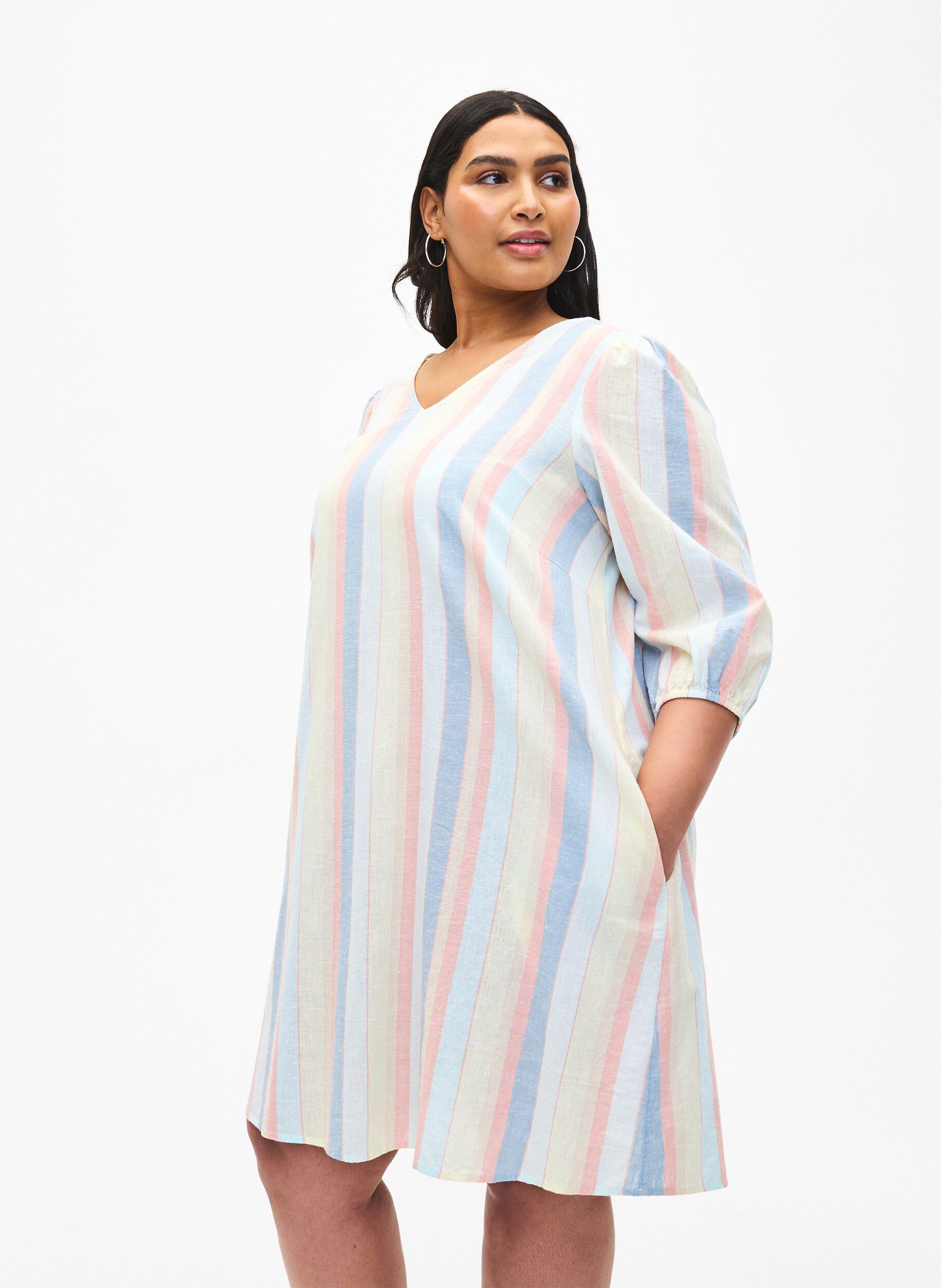 ZizziKurzes Kleid aus Baumwollmischung mit Leinen, Multi Color Stripe, Model image number 0