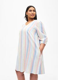 Kurzes Kleid aus Baumwollmischung mit Leinen, Multi Color Stripe, Model