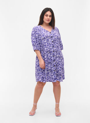Kleid mit Knöpfen und 3/4-Ärmeln, Purple AOP, Model image number 3