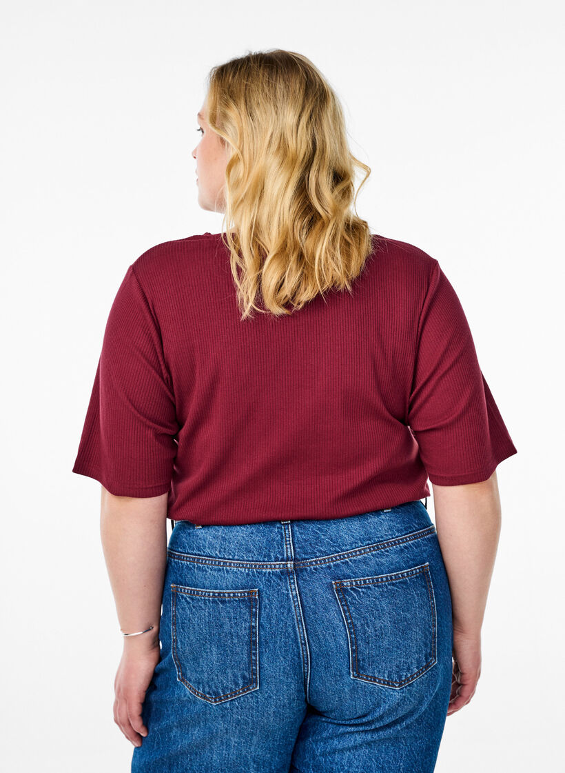 Bluse aus geripptem Jersey mit kurzen Ärmeln, Dunkles Bordeaux, Model image number 2