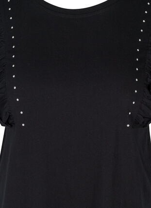 Kurzarm T-Shirt aus Baumwolle mit Rüschen, Black, Packshot image number 2