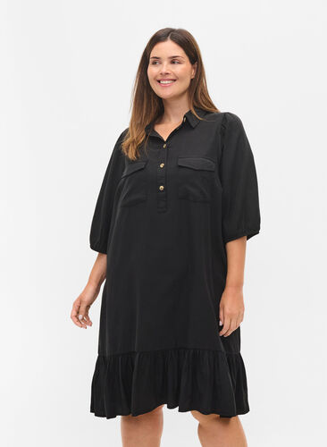 Kleid mit Rüschenbesatz und 3/4-Ärmeln, Black, Model image number 0