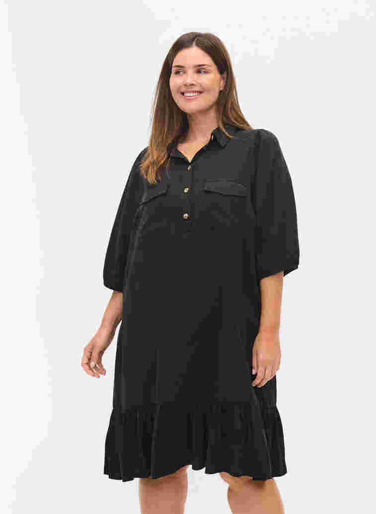 Kleid mit Rüschenbesatz und 3/4-Ärmeln, Black, Model