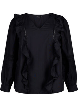Bluse mit Ruffles und Lace Trim, Black, Packshot image number 0