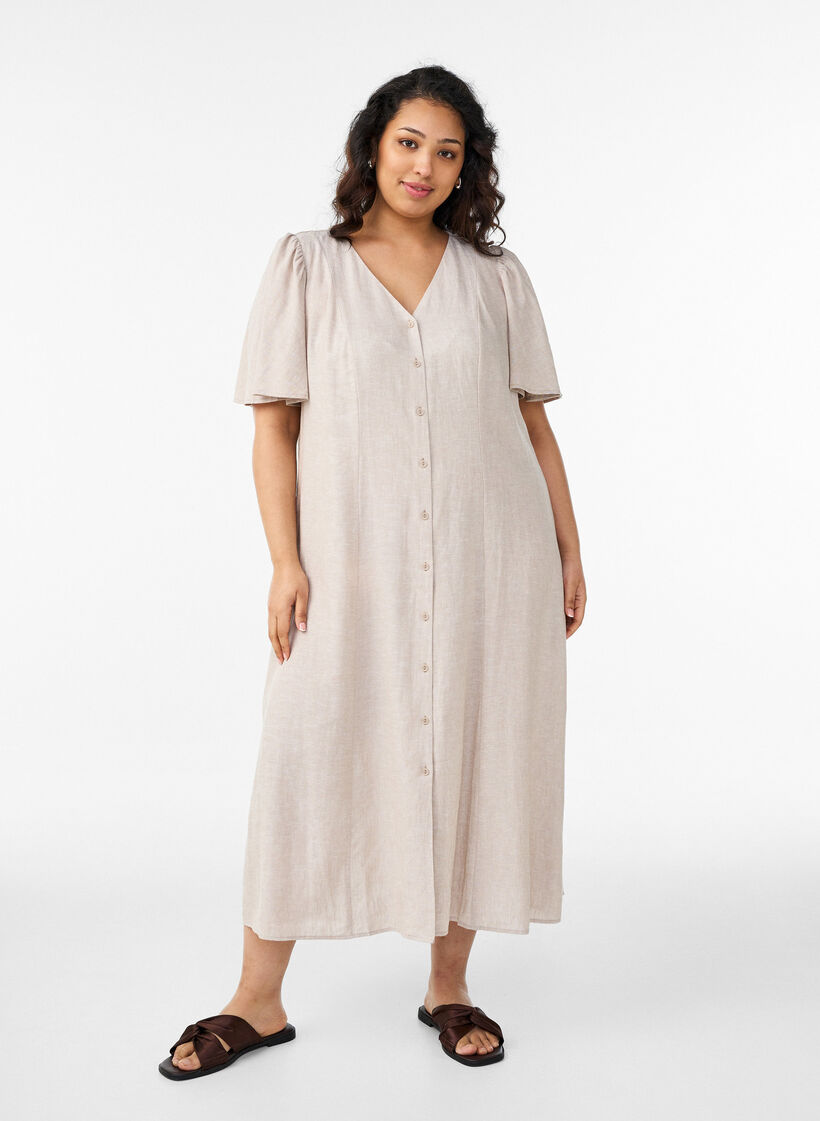 Midikleid aus Leinen und Viskose mit R&uuml;schen&auml;rmeln, Beige, Model image number 0