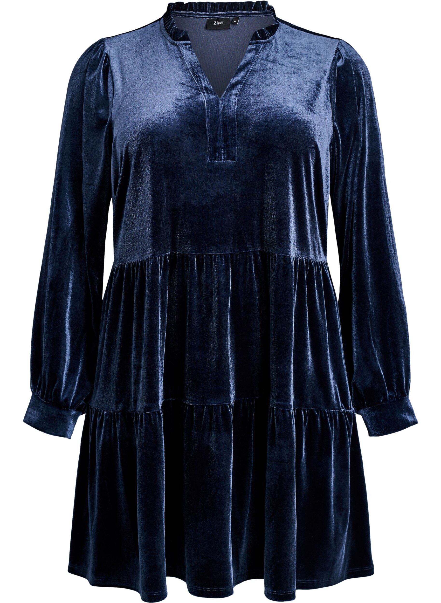 Kurzes Kleid aus Velours mit R&uuml;schenkragen und langen &Auml;rmeln