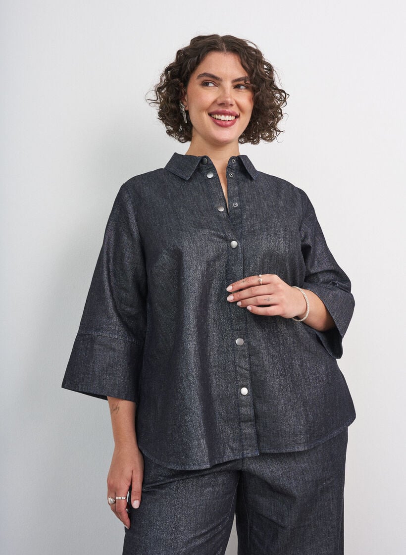 Denimbluse mit Glitzerfaden und 3/4-&Auml;rmeln, Grau, Model image number 0