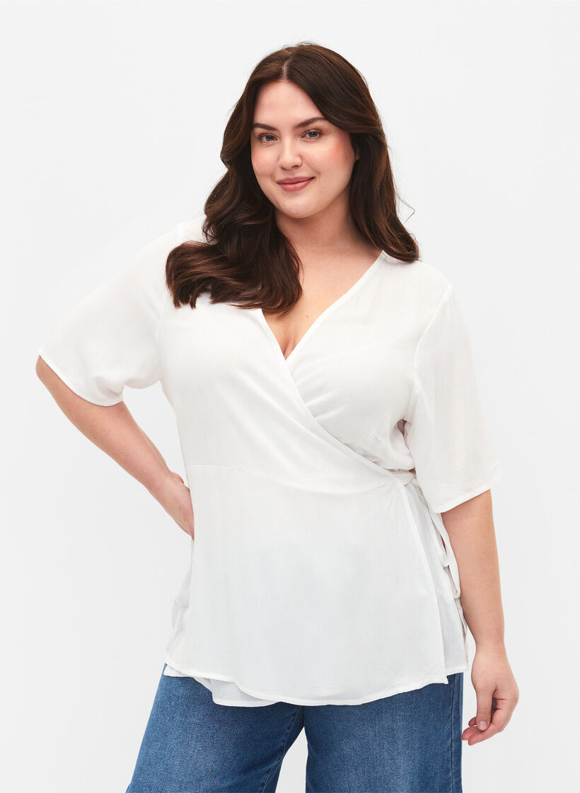 Bluse aus Viskose mit Wickel-Optik, Bright White, Model image number 0